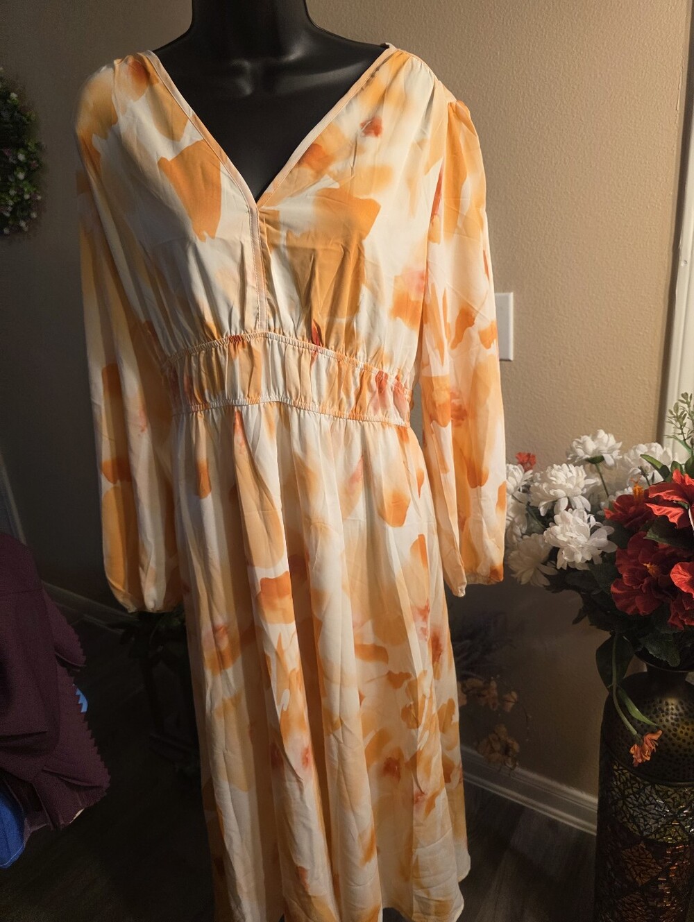 Women's Orange Watercolor V-Neck Midi Dress